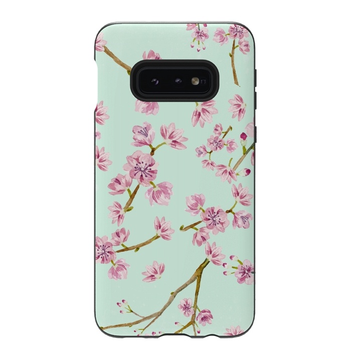 Galaxy S10e StrongFit Aqua Teal and Pink Cherry Blossom Branch Spring Pattern by  Utart