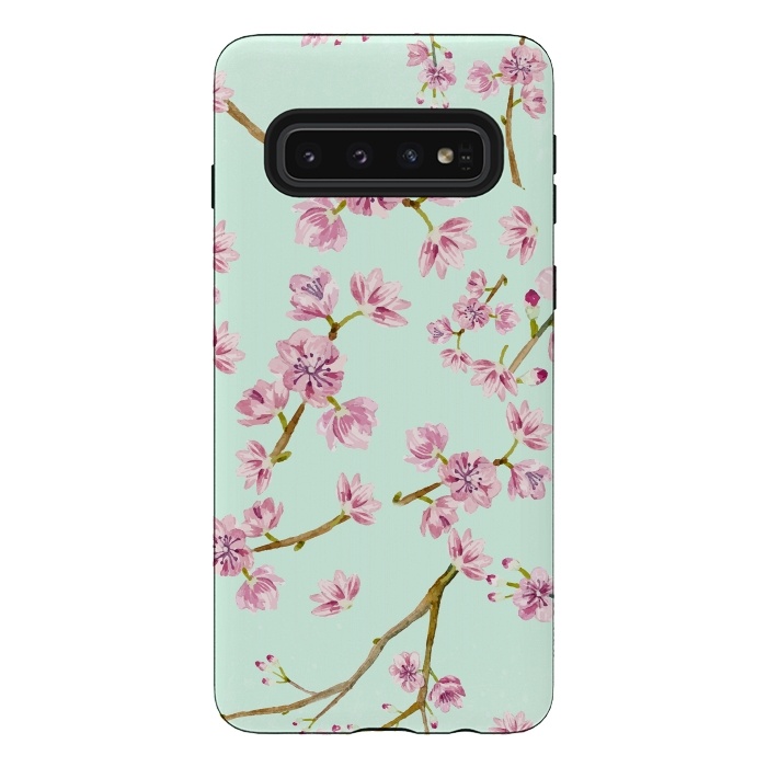 Galaxy S10 StrongFit Aqua Teal and Pink Cherry Blossom Branch Spring Pattern by  Utart