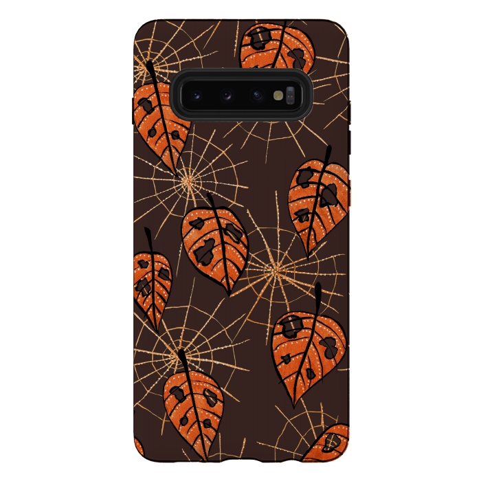 Galaxy S10 plus StrongFit Orange Leaves With Holes And Spiderwebs by Boriana Giormova