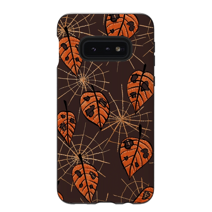 Galaxy S10e StrongFit Orange Leaves With Holes And Spiderwebs by Boriana Giormova