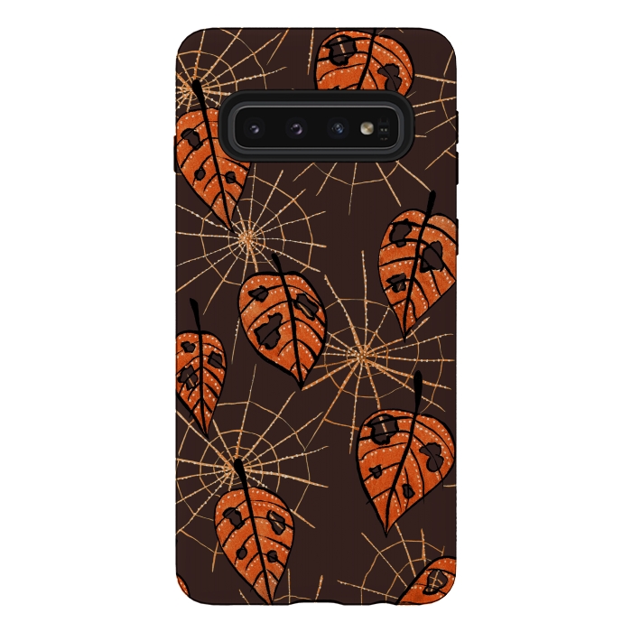Galaxy S10 StrongFit Orange Leaves With Holes And Spiderwebs by Boriana Giormova