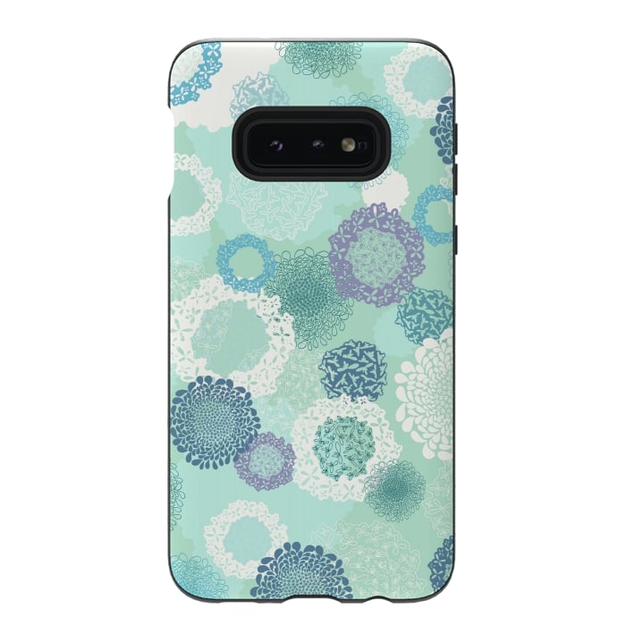 Galaxy S10e StrongFit Doily Flowers on Teal by Paula Ohreen