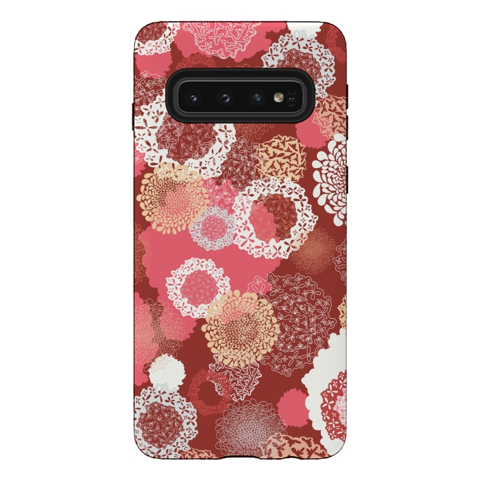 Galaxy S10 StrongFit Doily Flowers on Red by Paula Ohreen