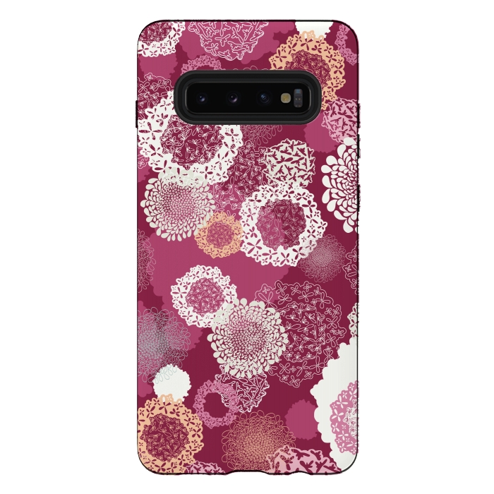 Galaxy S10 plus StrongFit Doily Flowers on Dark Pink by Paula Ohreen