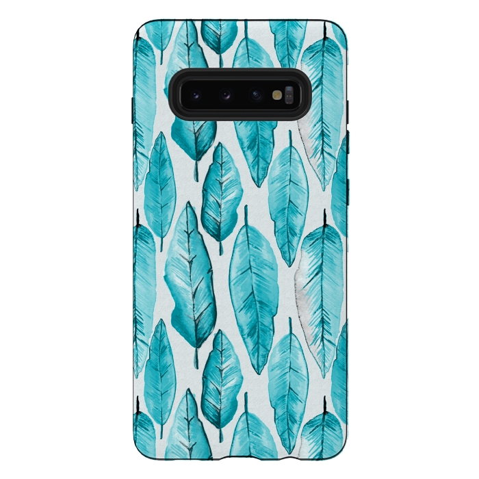 Galaxy S10 plus StrongFit Turquoise Watercolor Feathers by Andrea Haase