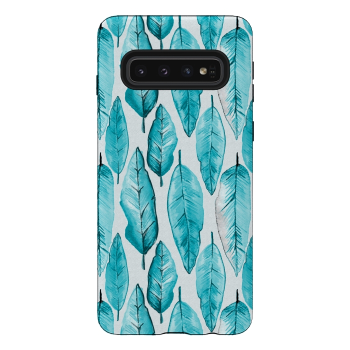Galaxy S10 StrongFit Turquoise Watercolor Feathers by Andrea Haase