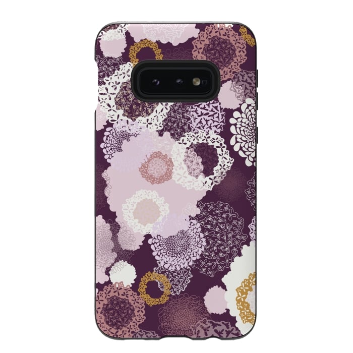 Galaxy S10e StrongFit Doily Flowers on Purple by Paula Ohreen
