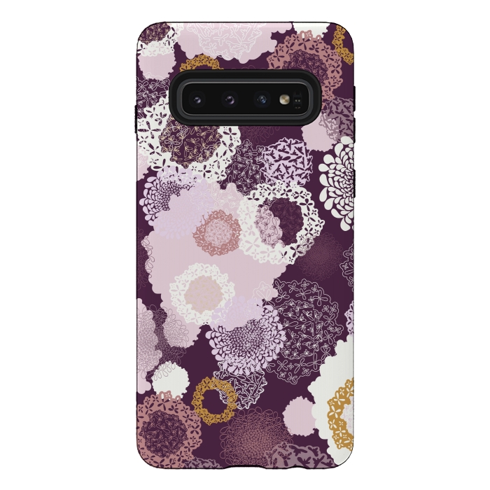 Galaxy S10 StrongFit Doily Flowers on Purple by Paula Ohreen