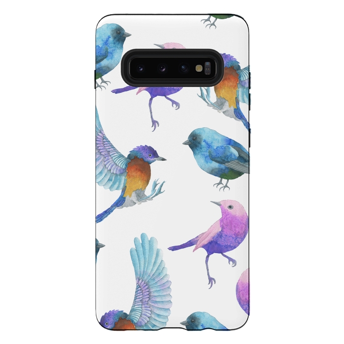 Galaxy S10 plus StrongFit Colorful Watercolors Birds Pattern by Dushan Medich
