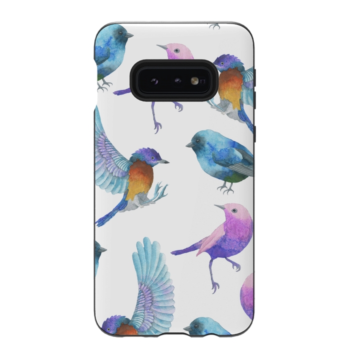 Galaxy S10e StrongFit Colorful Watercolors Birds Pattern by Dushan Medich