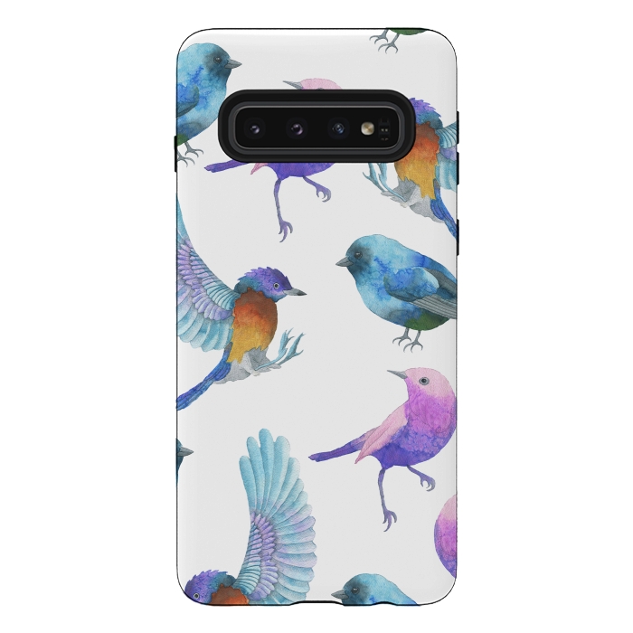 Galaxy S10 StrongFit Colorful Watercolors Birds Pattern by Dushan Medich