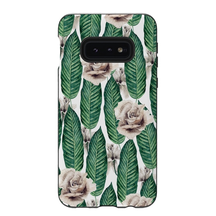 Galaxy S10e StrongFit Tropical leaves and white roses by Mmartabc