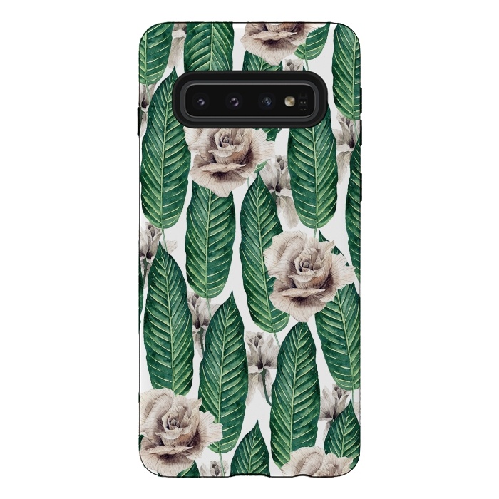 Galaxy S10 StrongFit Tropical leaves and white roses by Mmartabc