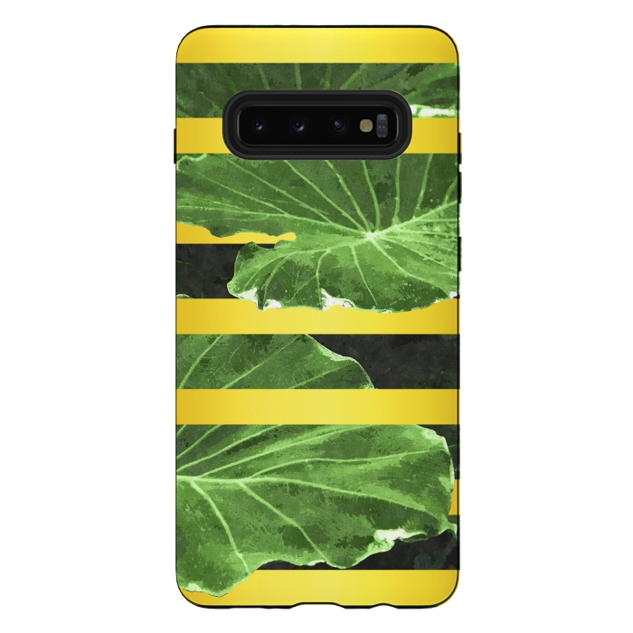 Galaxy S10 plus StrongFit Green Leaves and Gold Stripes by Alemi