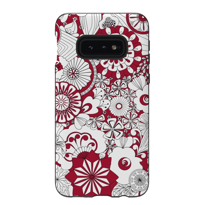 Galaxy S10e StrongFit 70s Flowers - Red and White by Paula Ohreen