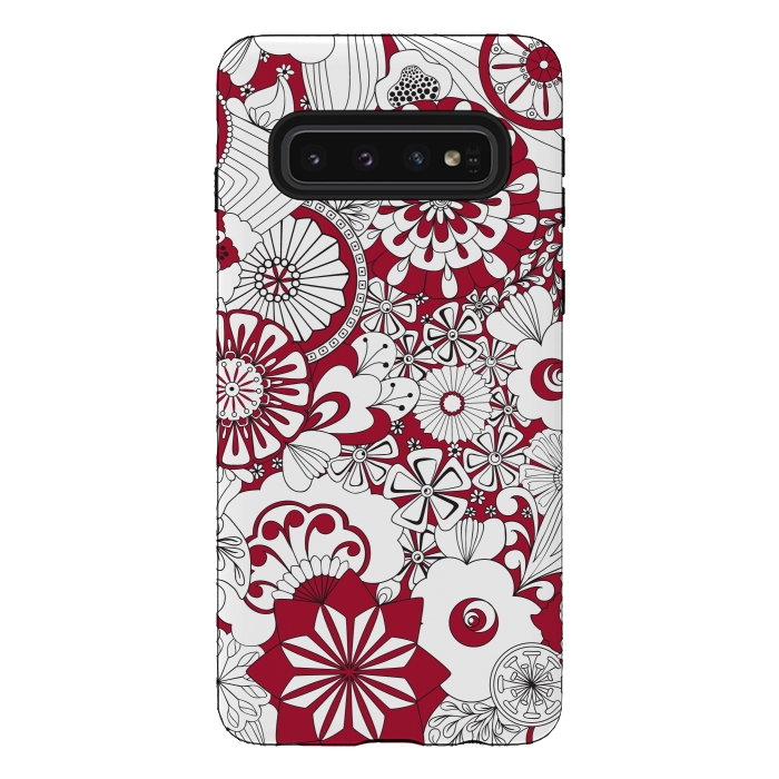 Galaxy S10 StrongFit 70s Flowers - Red and White by Paula Ohreen