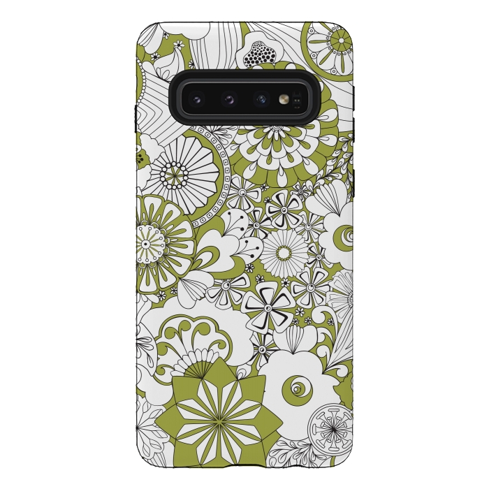 Galaxy S10 StrongFit 70s Flowers - Green and White by Paula Ohreen