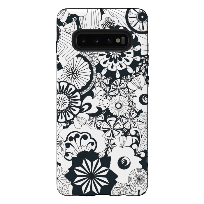 Galaxy S10 plus StrongFit 70s Flowers - Navy and White by Paula Ohreen