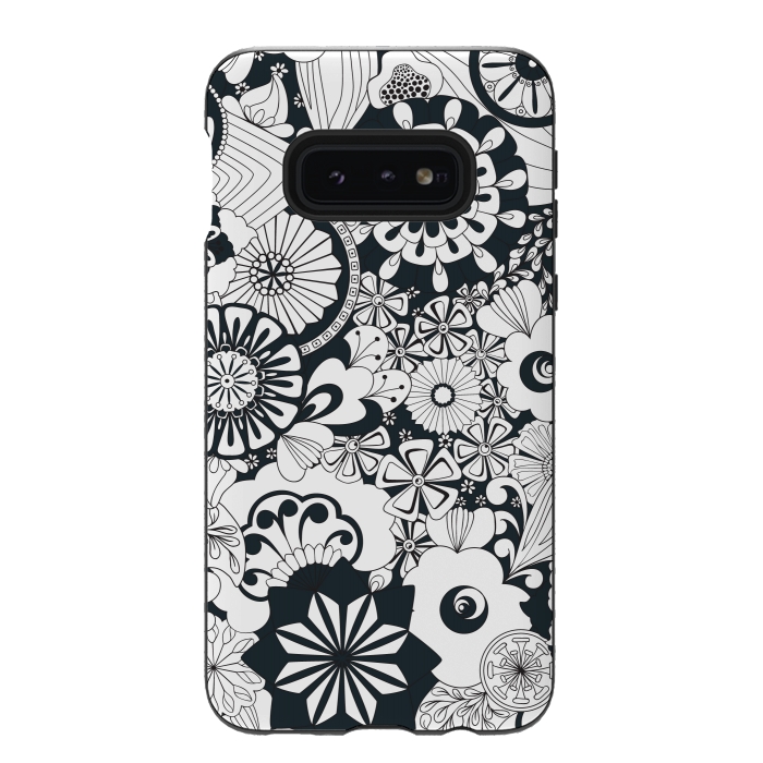 Galaxy S10e StrongFit 70s Flowers - Navy and White by Paula Ohreen