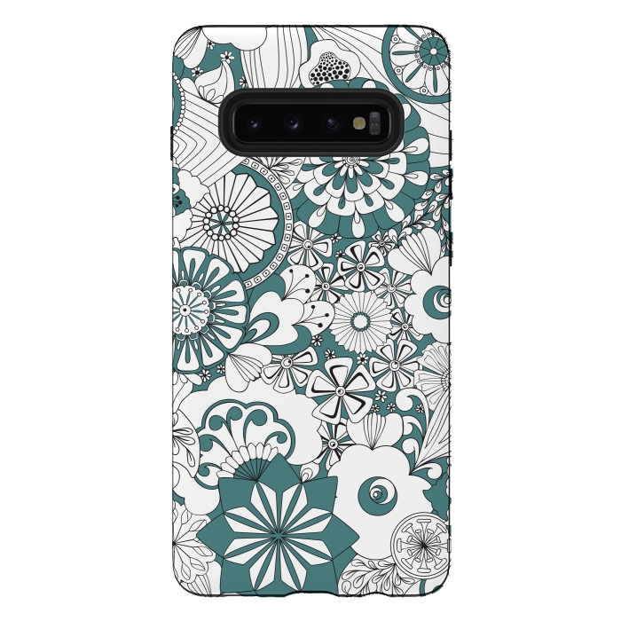 Galaxy S10 plus StrongFit 70s Flowers - Blue and White by Paula Ohreen