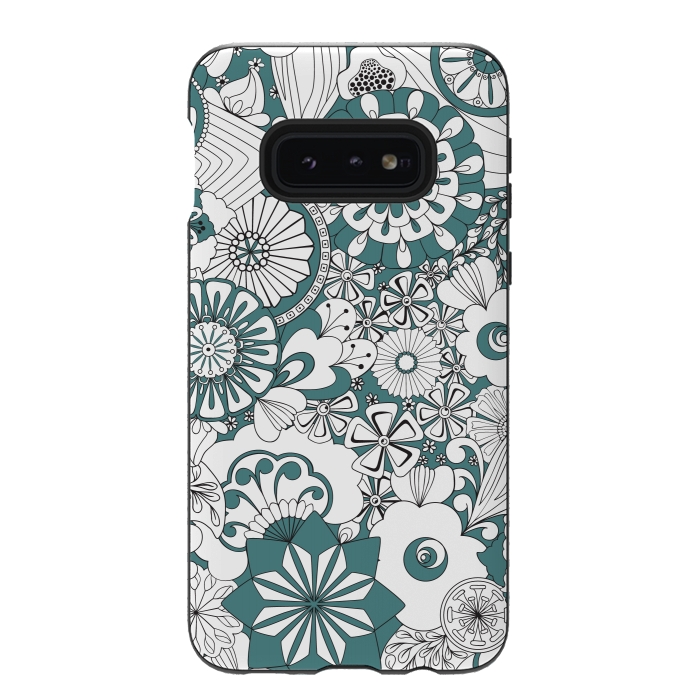 Galaxy S10e StrongFit 70s Flowers - Blue and White by Paula Ohreen