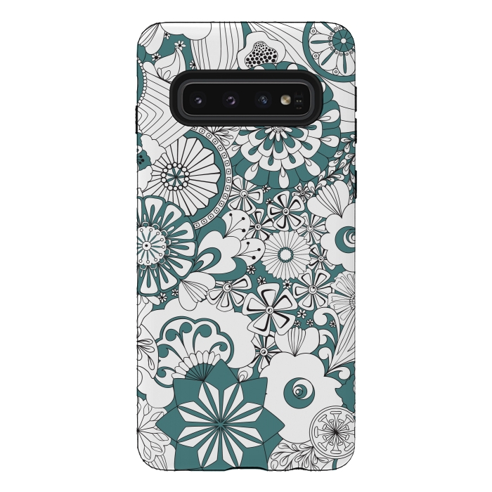 Galaxy S10 StrongFit 70s Flowers - Blue and White by Paula Ohreen