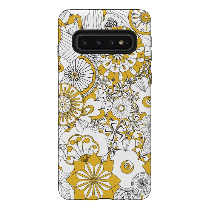 Galaxy S10 StrongFit 70s Flowers - Yellow and White by Paula Ohreen