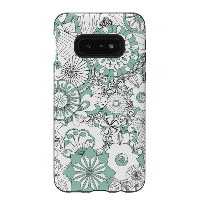 Galaxy S10e StrongFit 70s Flowers - Mint Green and White by Paula Ohreen