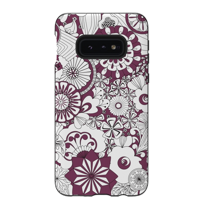 Galaxy S10e StrongFit 70s Flowers - Purple and White by Paula Ohreen