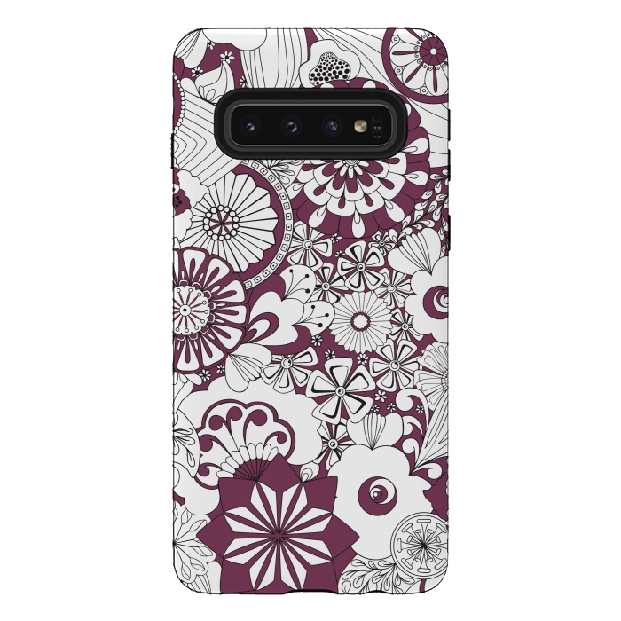 Galaxy S10 StrongFit 70s Flowers - Purple and White by Paula Ohreen