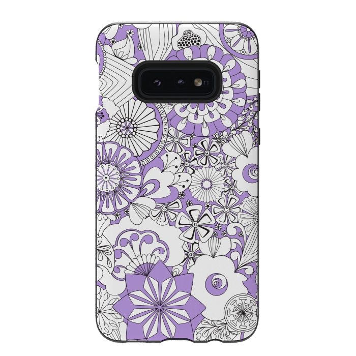 Galaxy S10e StrongFit 70s Flowers - Lilac and White by Paula Ohreen
