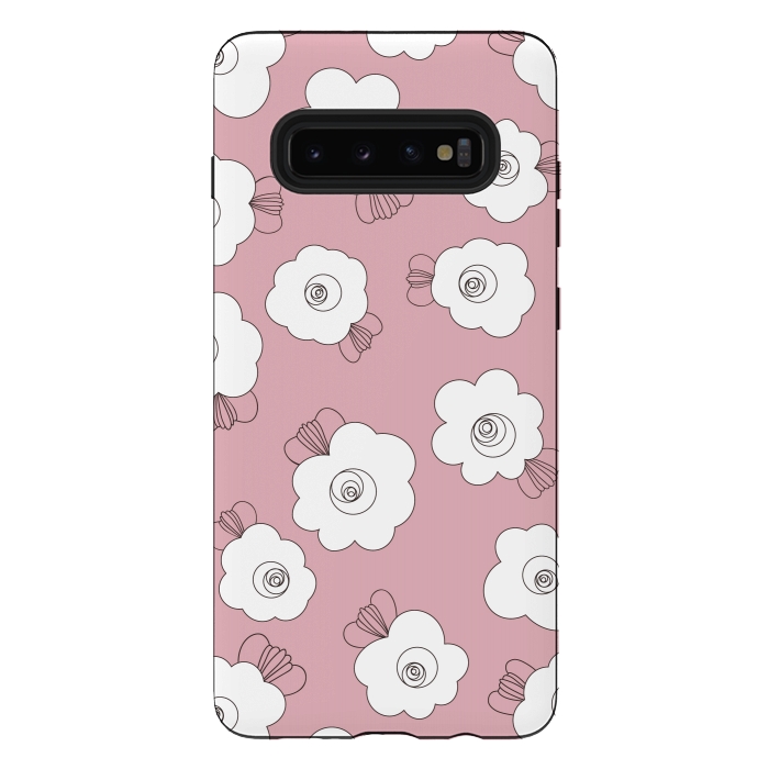 Galaxy S10 plus StrongFit Fluffy Flowers - White on Pink by Paula Ohreen