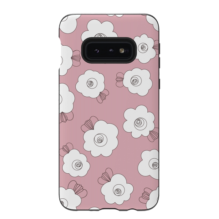 Galaxy S10e StrongFit Fluffy Flowers - White on Pink by Paula Ohreen