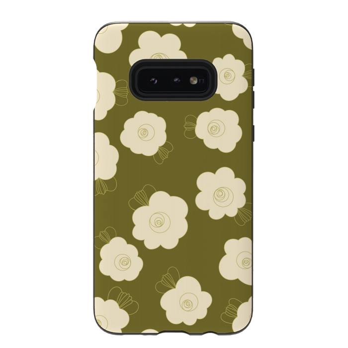 Galaxy S10e StrongFit Fluffy Flowers - Cream on Olive Green by Paula Ohreen