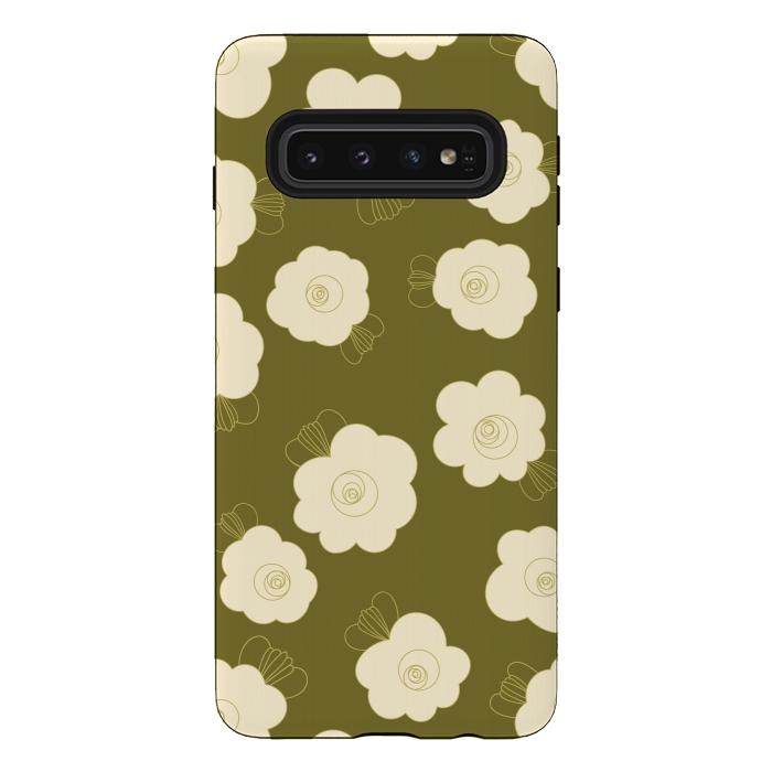 Galaxy S10 StrongFit Fluffy Flowers - Cream on Olive Green by Paula Ohreen