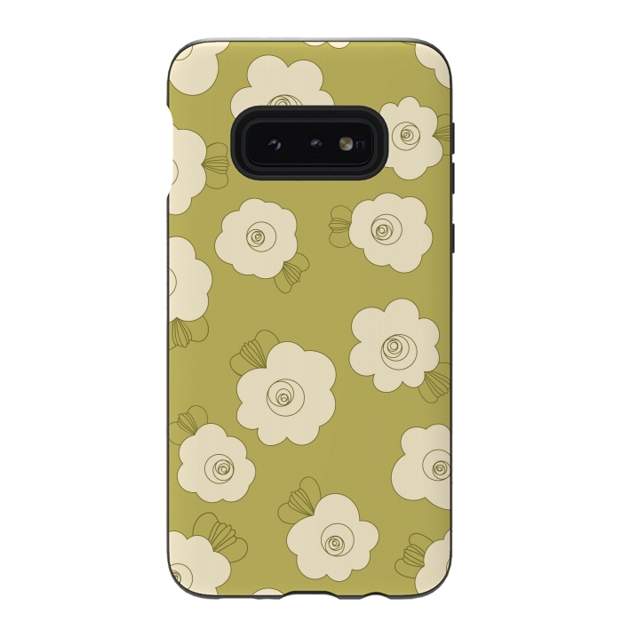 Galaxy S10e StrongFit Fluffy Flowers - Cream on Sap Green by Paula Ohreen