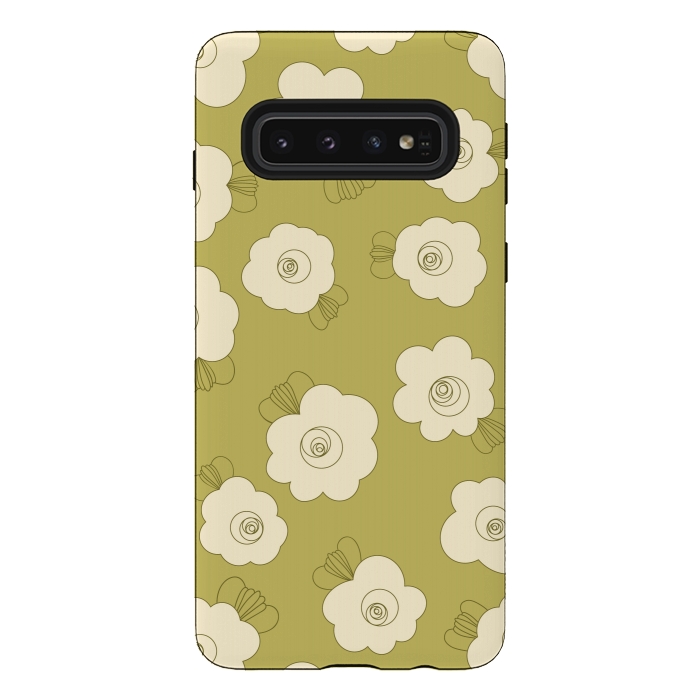 Galaxy S10 StrongFit Fluffy Flowers - Cream on Sap Green by Paula Ohreen
