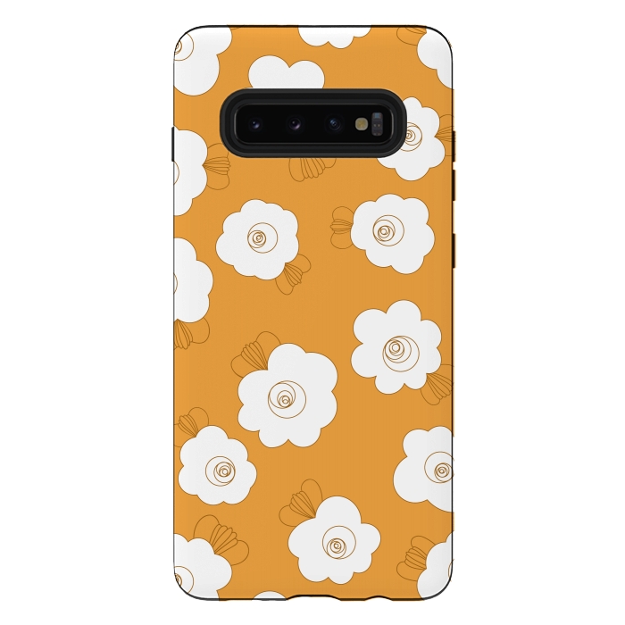 Galaxy S10 plus StrongFit Fluffy Flowers - White on Pumpkin Orange by Paula Ohreen