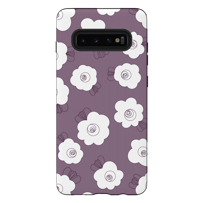 Galaxy S10 plus StrongFit Fluffy Flowers - White on Grape Purple by Paula Ohreen