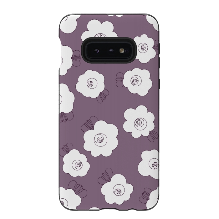 Galaxy S10e StrongFit Fluffy Flowers - White on Grape Purple by Paula Ohreen