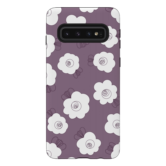 Galaxy S10 StrongFit Fluffy Flowers - White on Grape Purple by Paula Ohreen