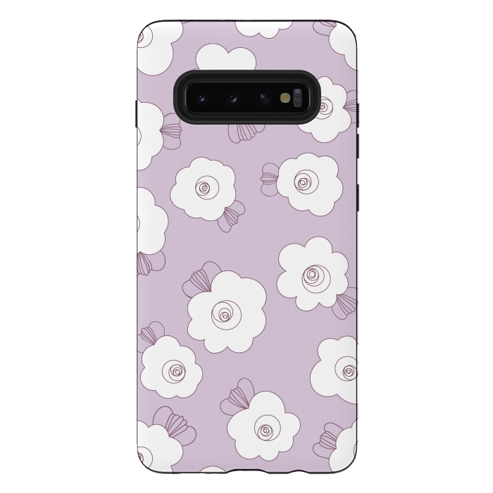 Galaxy S10 plus StrongFit Fluffy Flowers - White on Lilac by Paula Ohreen