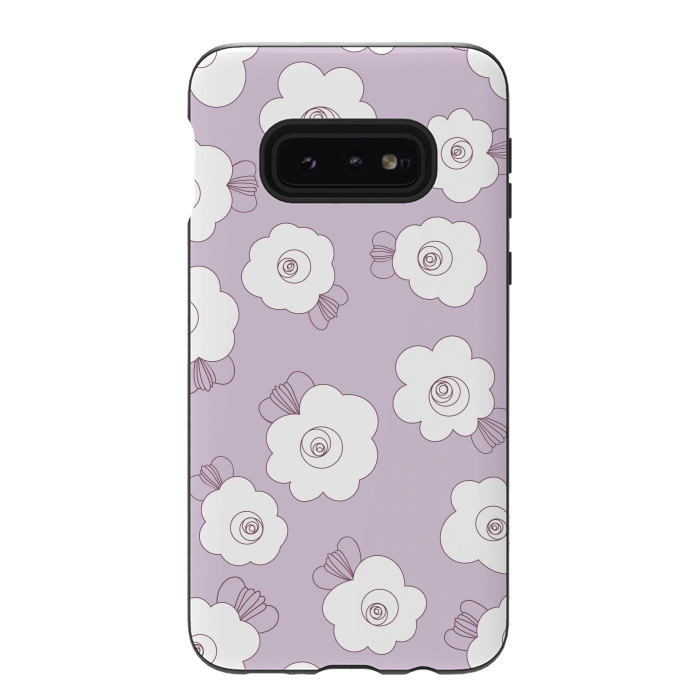 Galaxy S10e StrongFit Fluffy Flowers - White on Lilac by Paula Ohreen