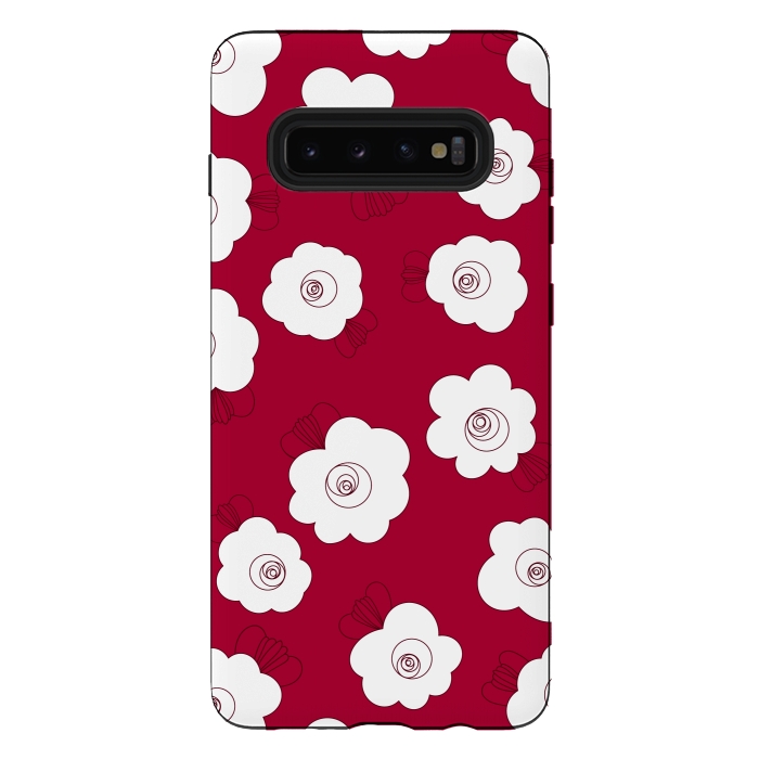 Galaxy S10 plus StrongFit Fluffy Flowers - White on Red by Paula Ohreen