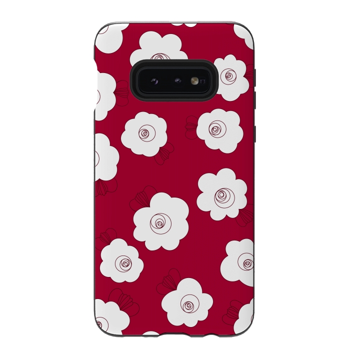 Galaxy S10e StrongFit Fluffy Flowers - White on Red by Paula Ohreen