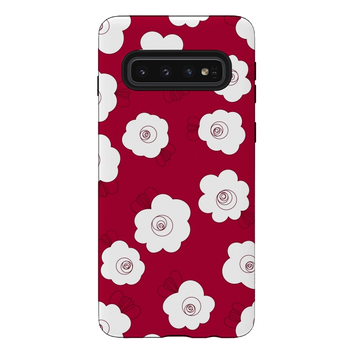 Galaxy S10 StrongFit Fluffy Flowers - White on Red by Paula Ohreen