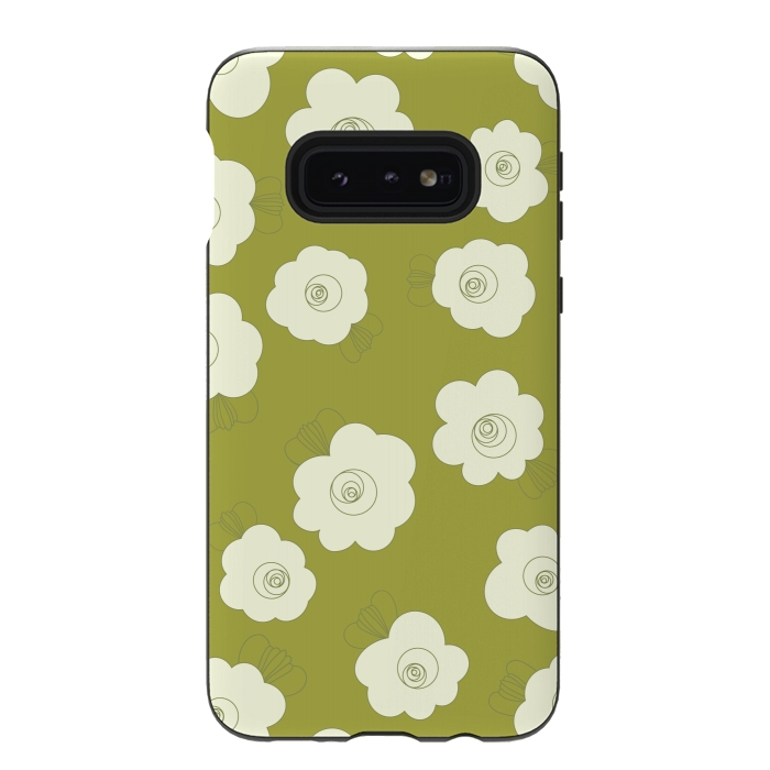 Galaxy S10e StrongFit Fluffy Flowers - White on Grass Green by Paula Ohreen