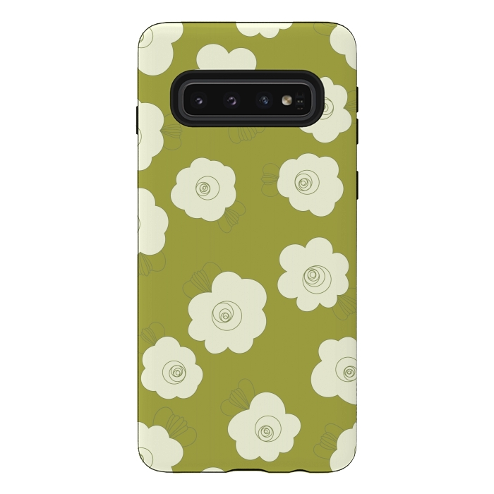 Galaxy S10 StrongFit Fluffy Flowers - White on Grass Green by Paula Ohreen