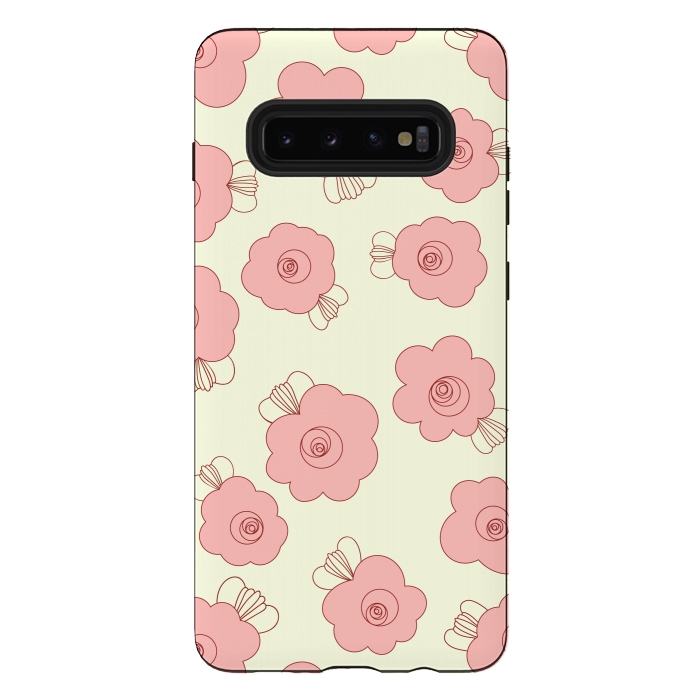 Galaxy S10 plus StrongFit Fluffy Flowers - Pink on Cream by Paula Ohreen