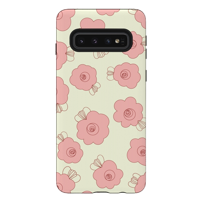 Galaxy S10 StrongFit Fluffy Flowers - Pink on Cream by Paula Ohreen